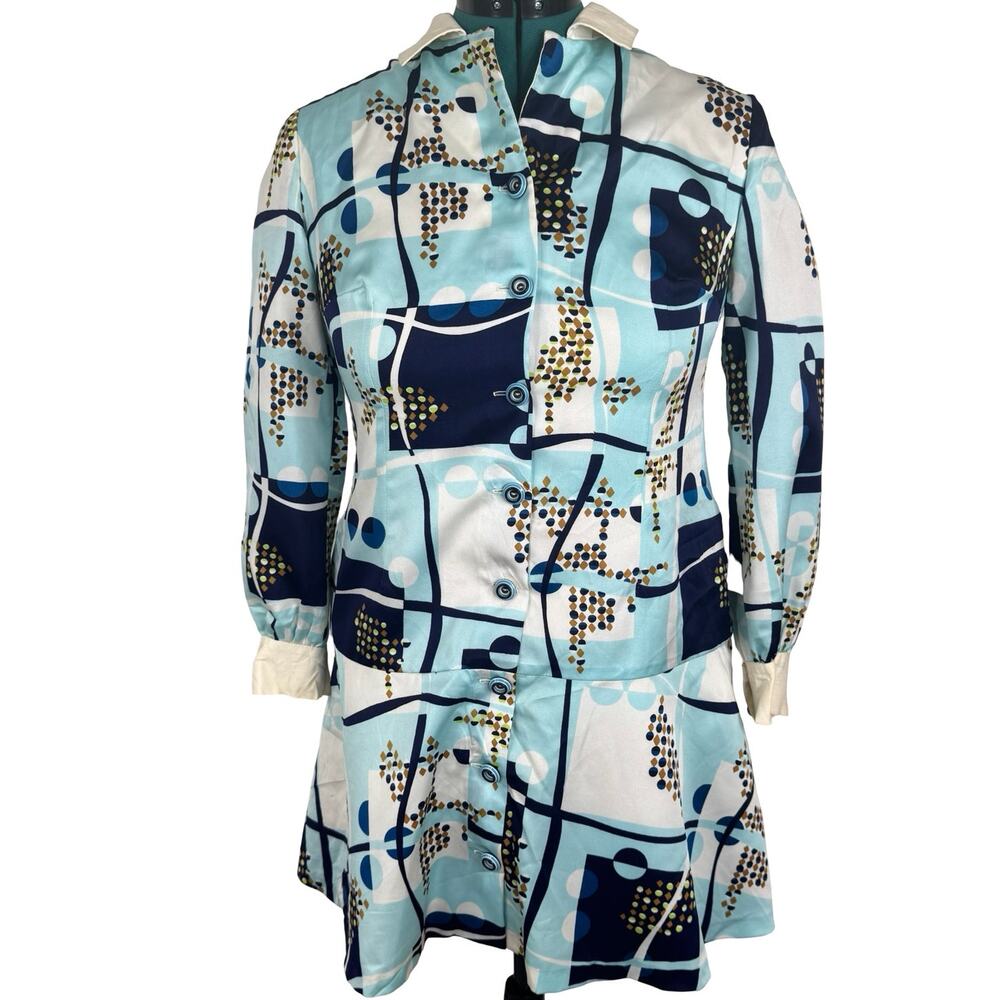 Vintage 60s Mod Op-Art Dress Blue Geometric Print Shirtwaist Funky Buttons S/M